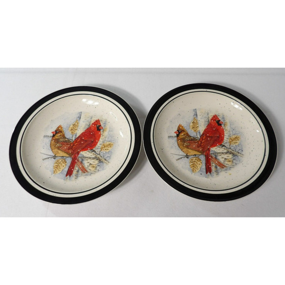 Folk Craft Scotty Z Cardinal Dinner Plates Stoneware 11" Vintage Set of 2 - Picture 1 of 7